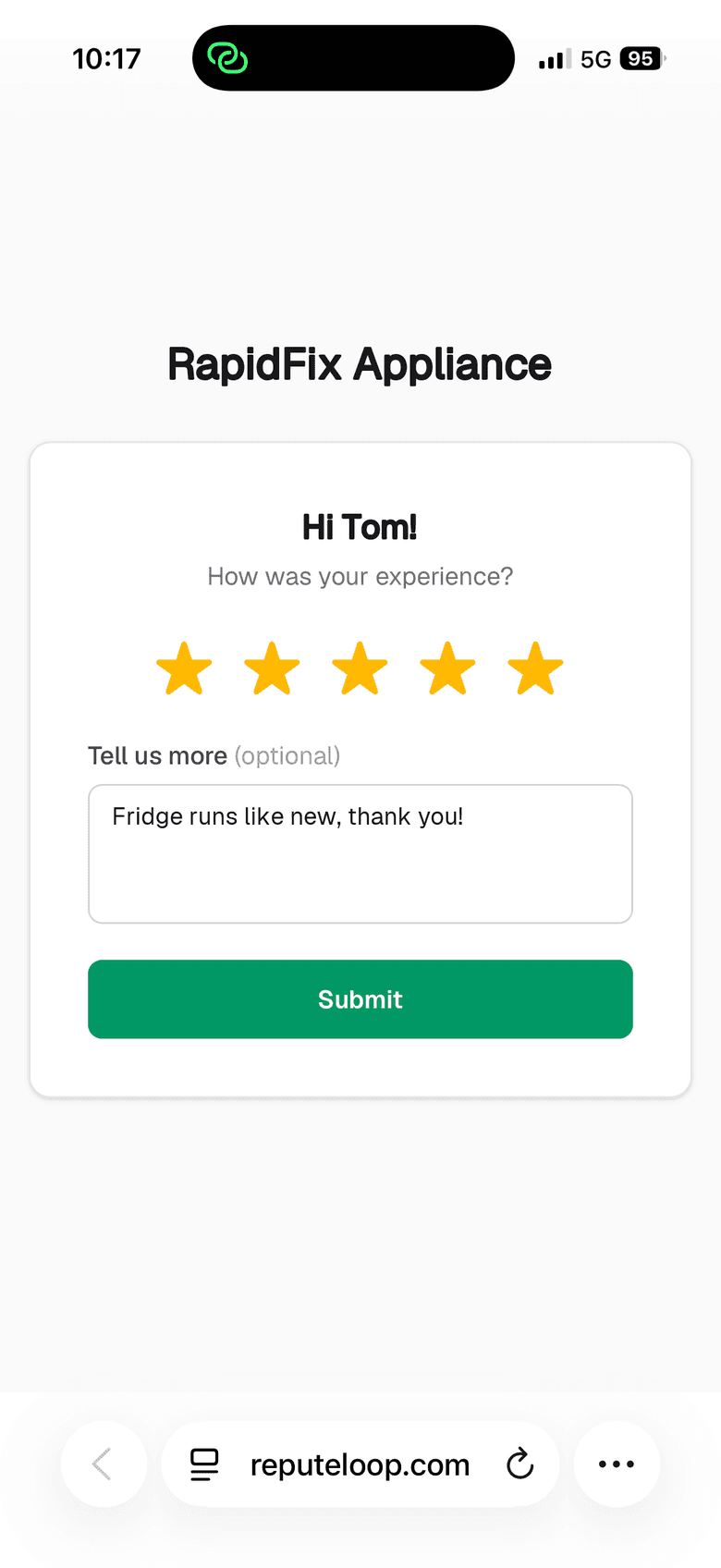 The one-tap star rating page a customer sees on their phone after receiving a ReputeLoop review request