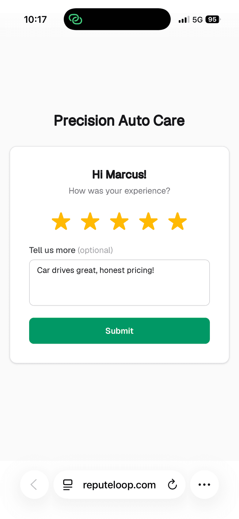 The one-tap star rating page a customer sees on their phone after receiving a ReputeLoop review request