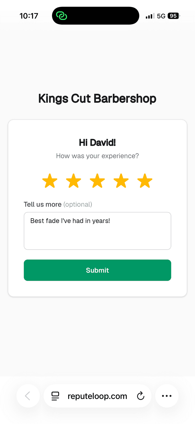 The one-tap star rating page a customer sees on their phone after receiving a ReputeLoop review request