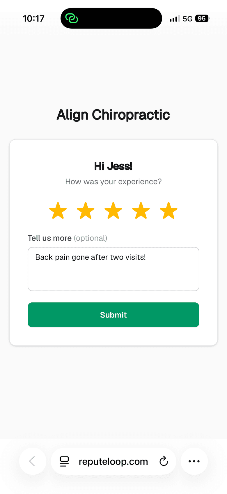 The one-tap star rating page a customer sees on their phone after receiving a ReputeLoop review request