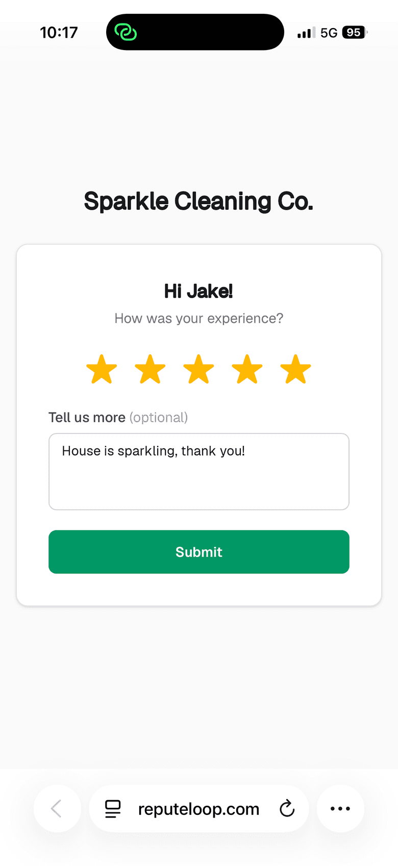 The one-tap star rating page a customer sees on their phone after receiving a ReputeLoop review request