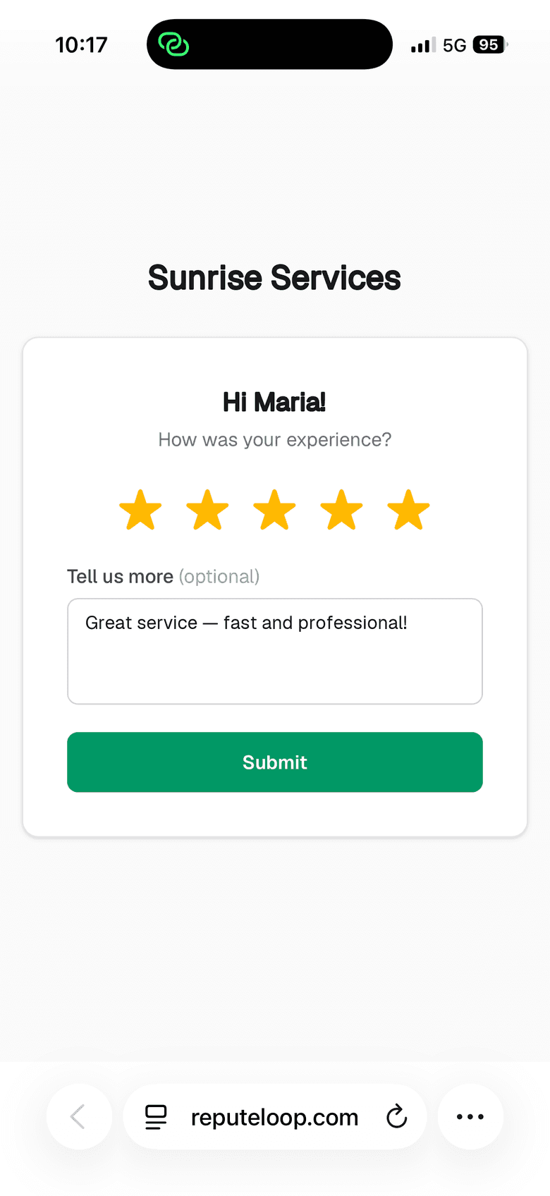The one-tap star rating page a customer sees on their phone after receiving a ReputeLoop review request