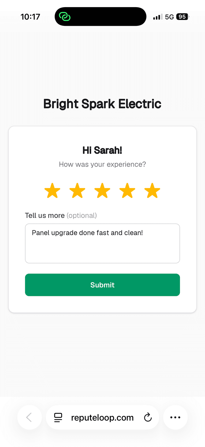 The one-tap star rating page a customer sees on their phone after receiving a ReputeLoop review request