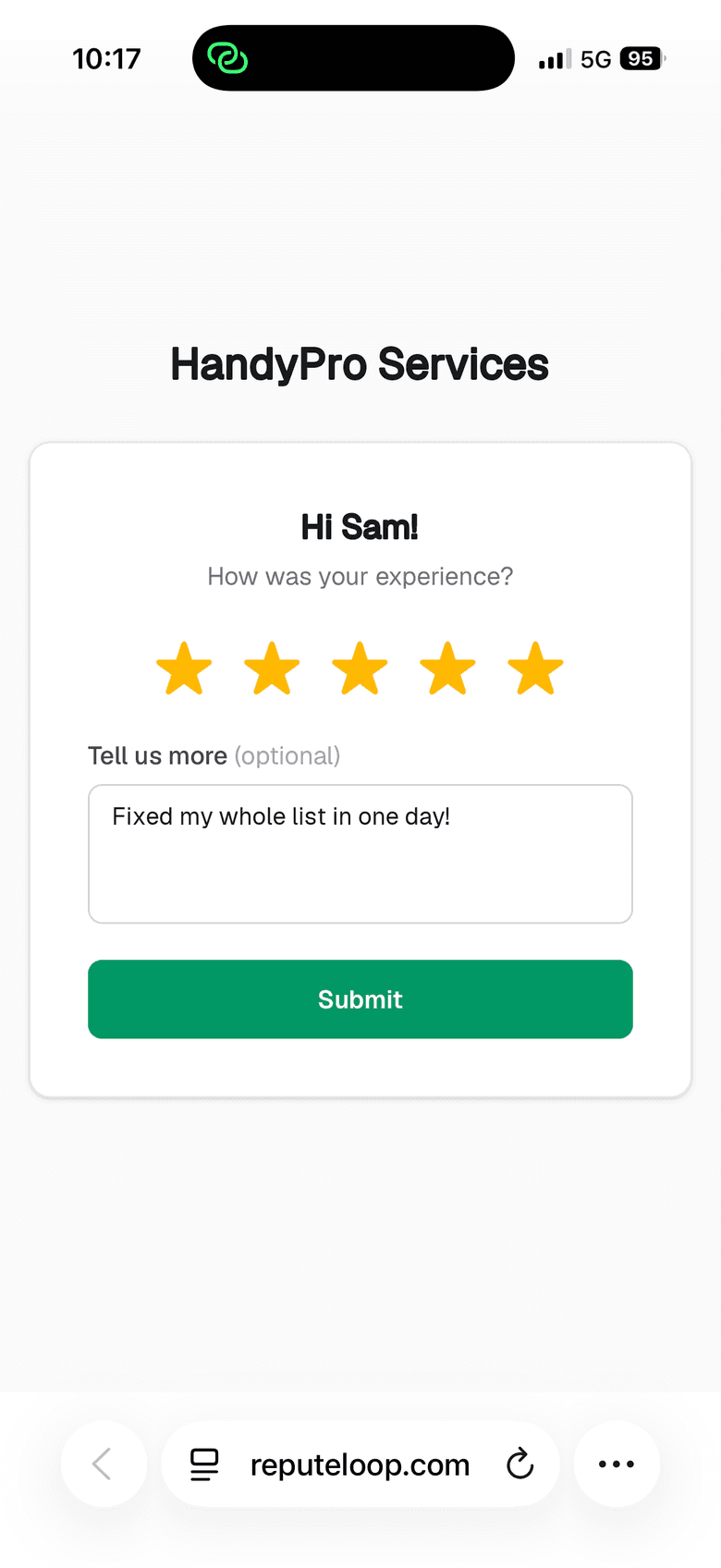 The one-tap star rating page a customer sees on their phone after receiving a ReputeLoop review request