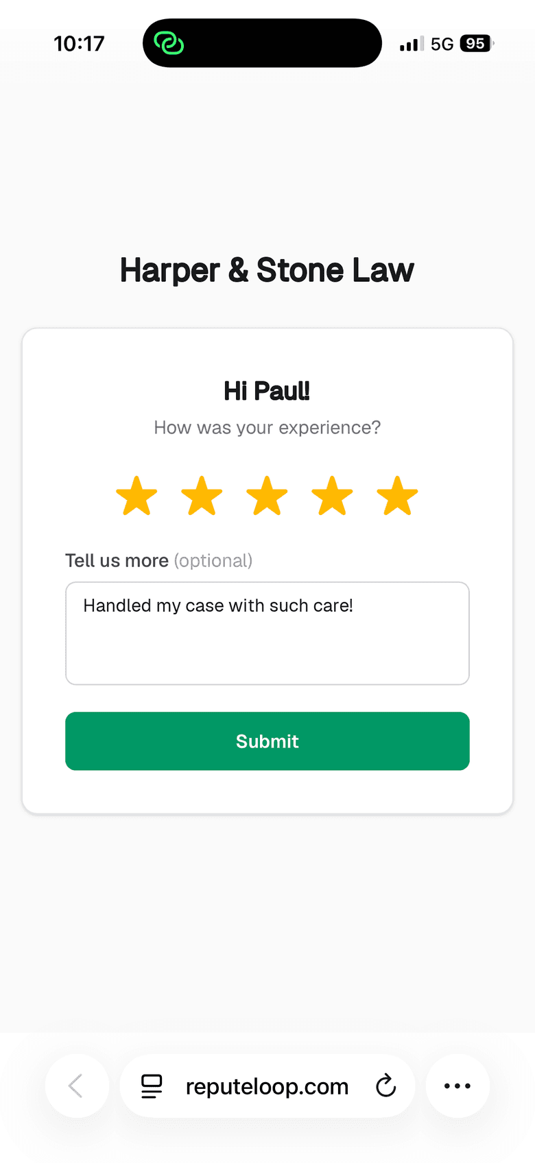 The one-tap star rating page a customer sees on their phone after receiving a ReputeLoop review request