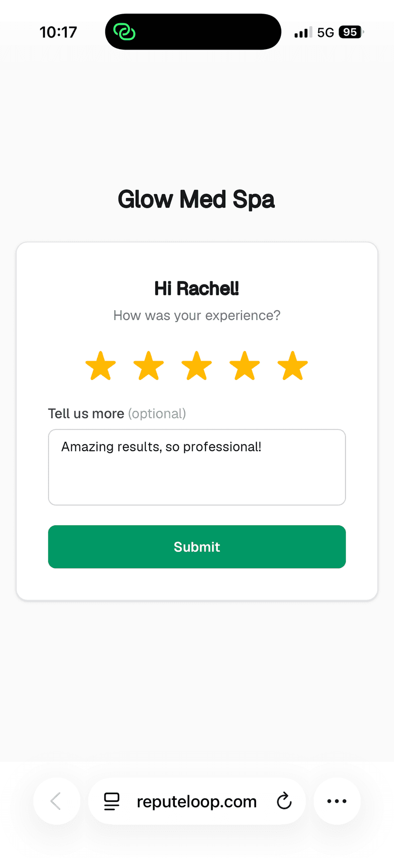 The one-tap star rating page a customer sees on their phone after receiving a ReputeLoop review request