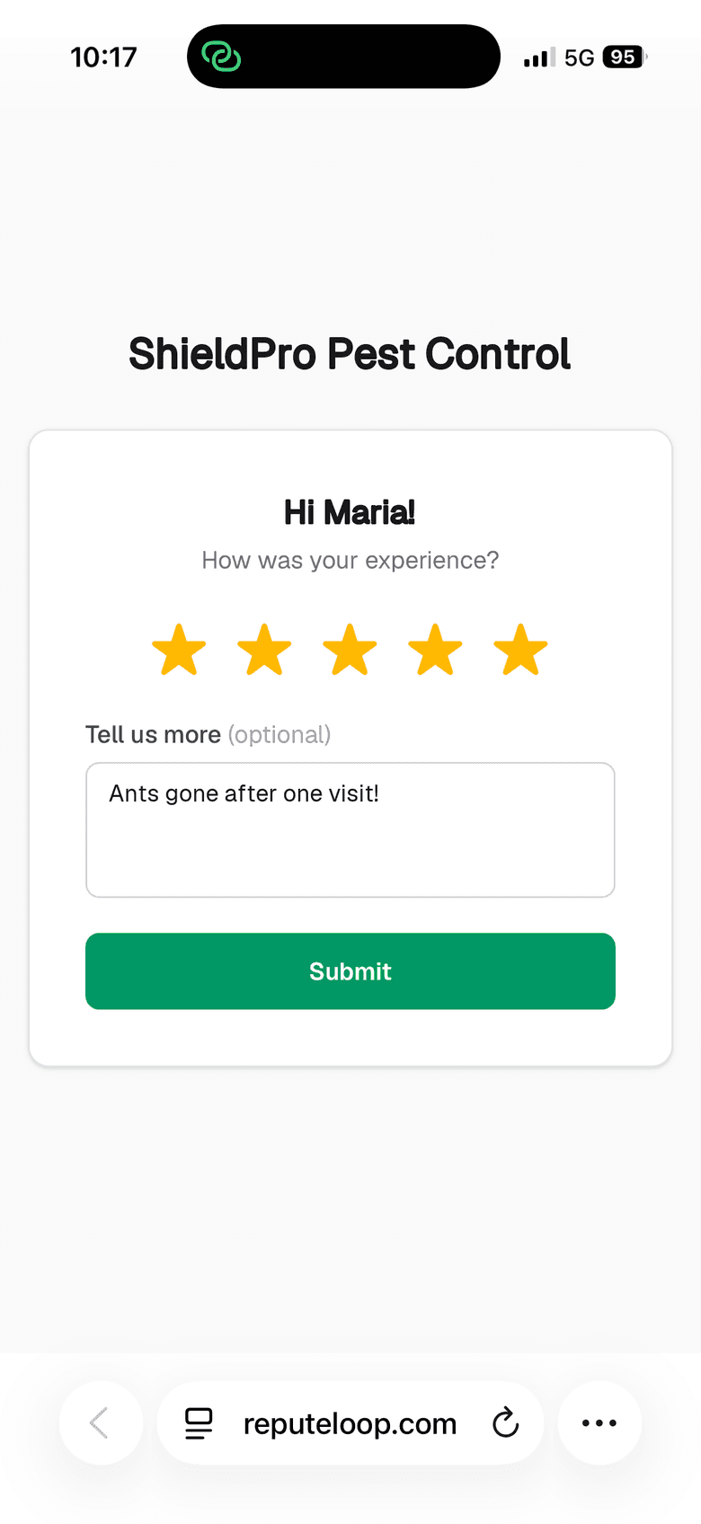 The one-tap star rating page a customer sees on their phone after receiving a ReputeLoop review request