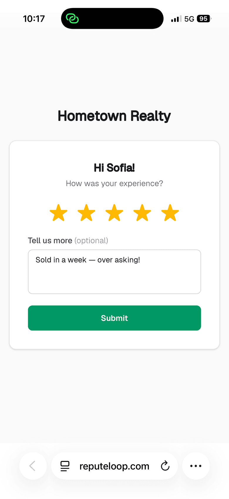 The one-tap star rating page a customer sees on their phone after receiving a ReputeLoop review request