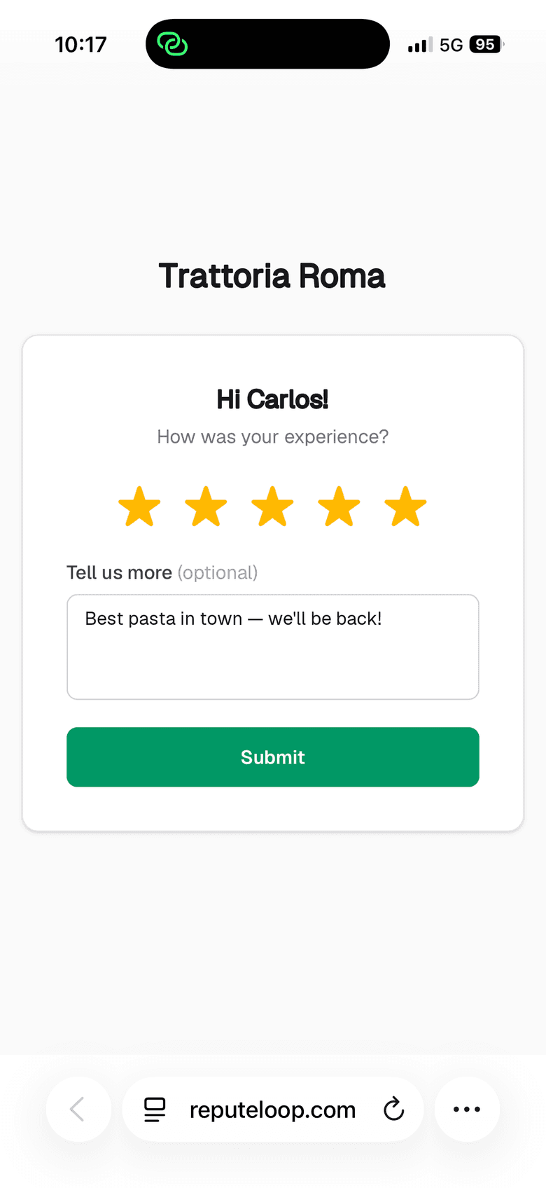 The one-tap star rating page a customer sees on their phone after receiving a ReputeLoop review request