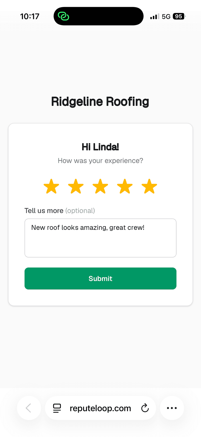 The one-tap star rating page a customer sees on their phone after receiving a ReputeLoop review request
