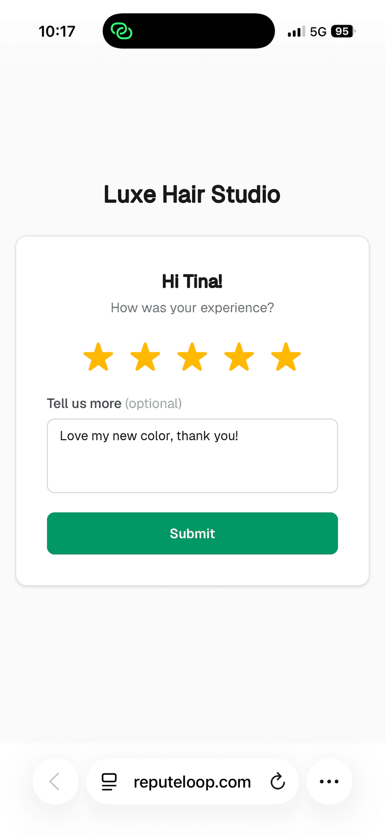 The one-tap star rating page a customer sees on their phone after receiving a ReputeLoop review request