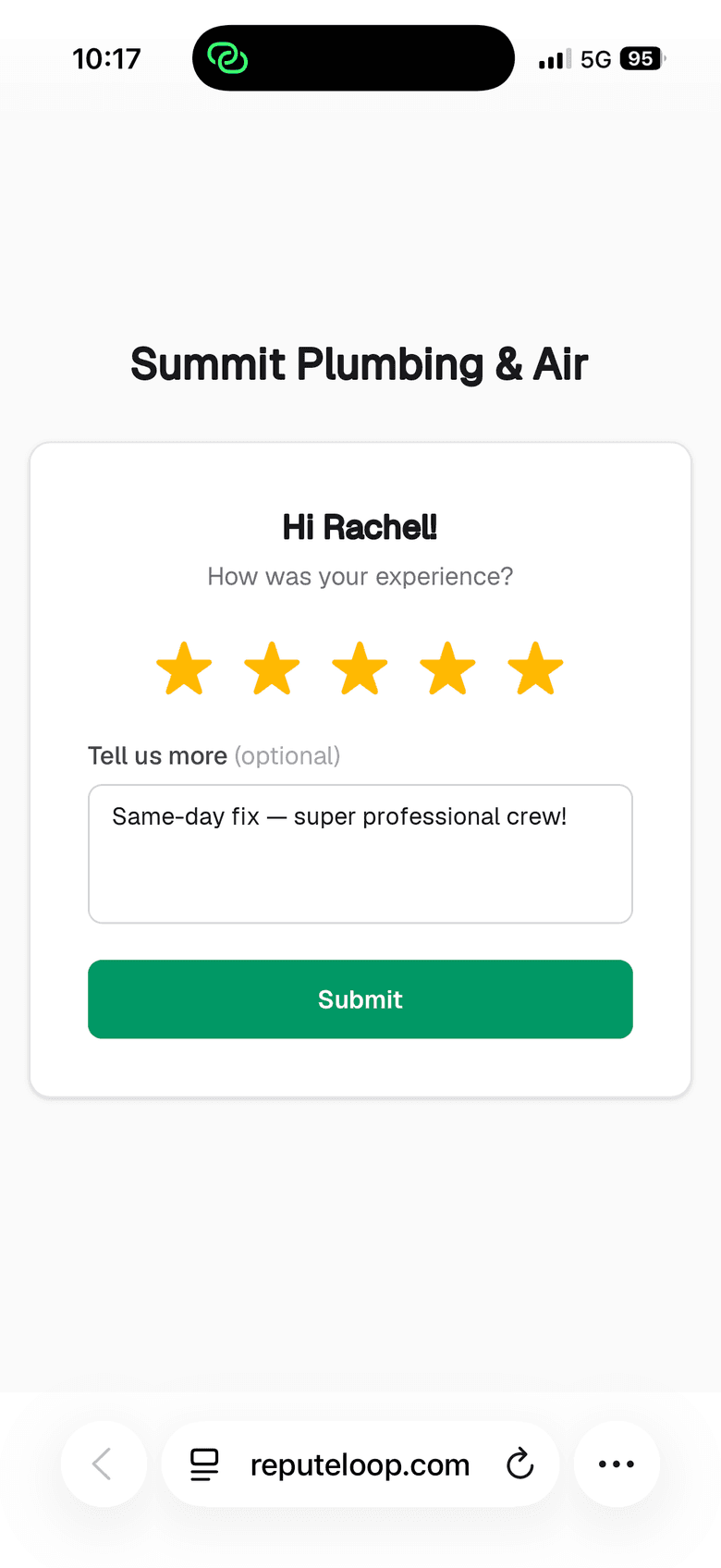 The one-tap star rating page a customer sees on their phone after receiving a ReputeLoop review request